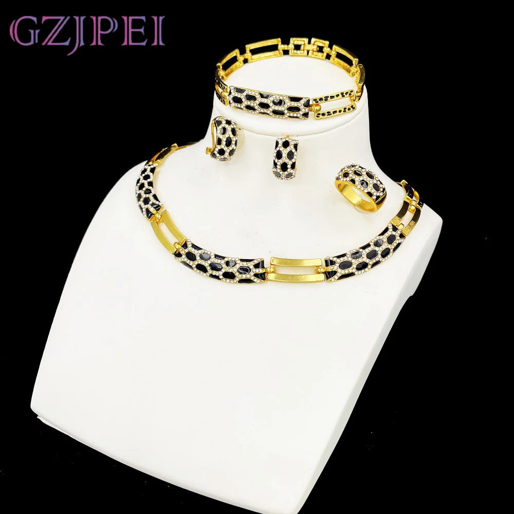 Elegant Black Enamel Jewelry Set with White Zircon – Necklace, Earrings, Bracelet & Ring
