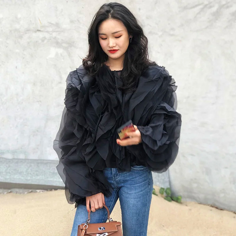 TWOTWINSTYLE Ruffle Chiffon Lantern Sleeve Blouse