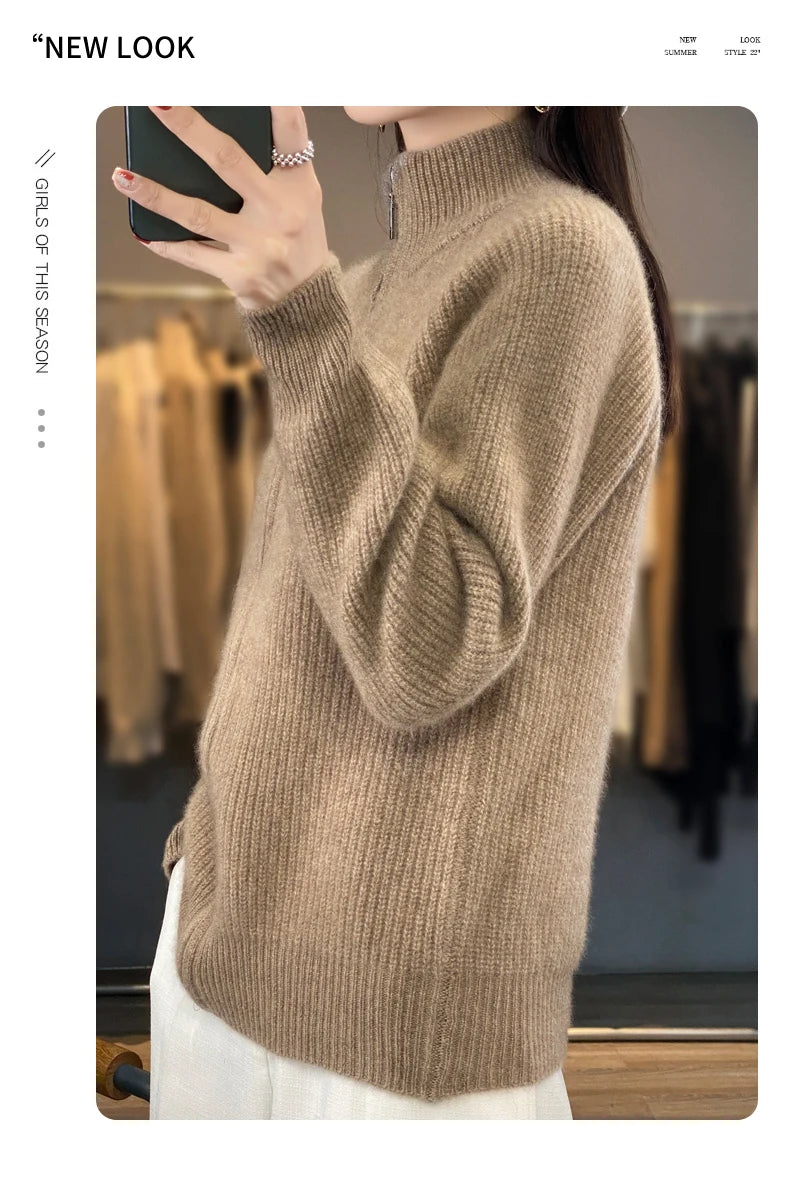 Women's Wool Zip-Up Stand Collar Cardigan