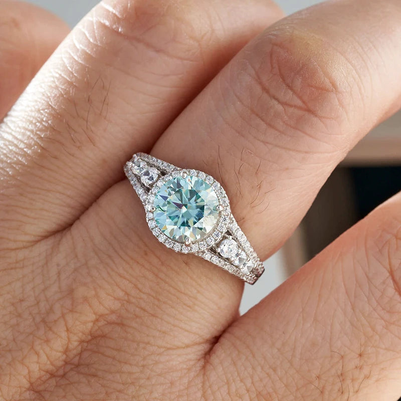 JoyceJelly 2CT Blue-Green Moissanite Sterling Silver Ring