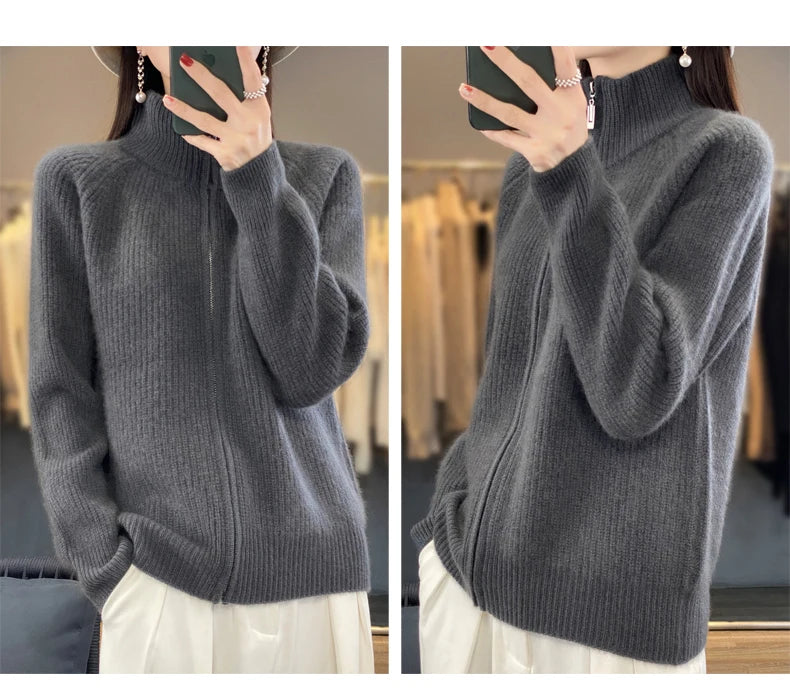 Women's Wool Zip-Up Stand Collar Cardigan