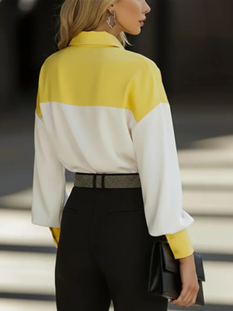 Women's Color Block Button-Up Work Blouse
