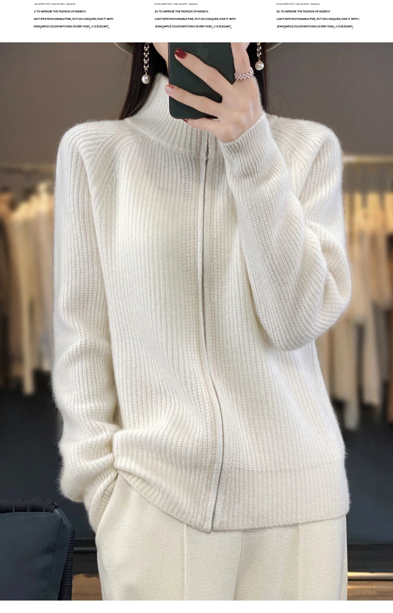 Women's Wool Zip-Up Stand Collar Cardigan