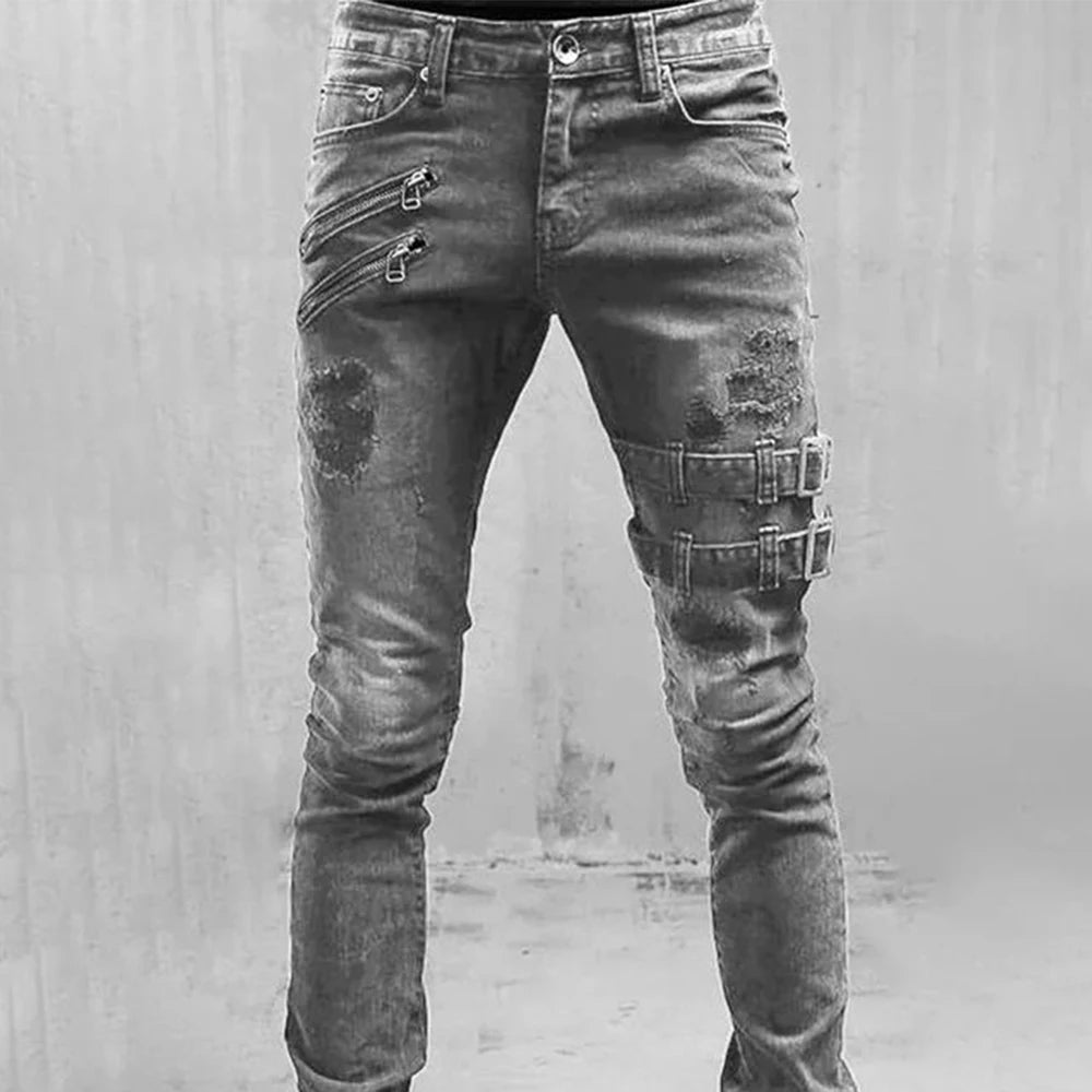Men's Retro Moto Biker Skinny Denim Cargo Jeans