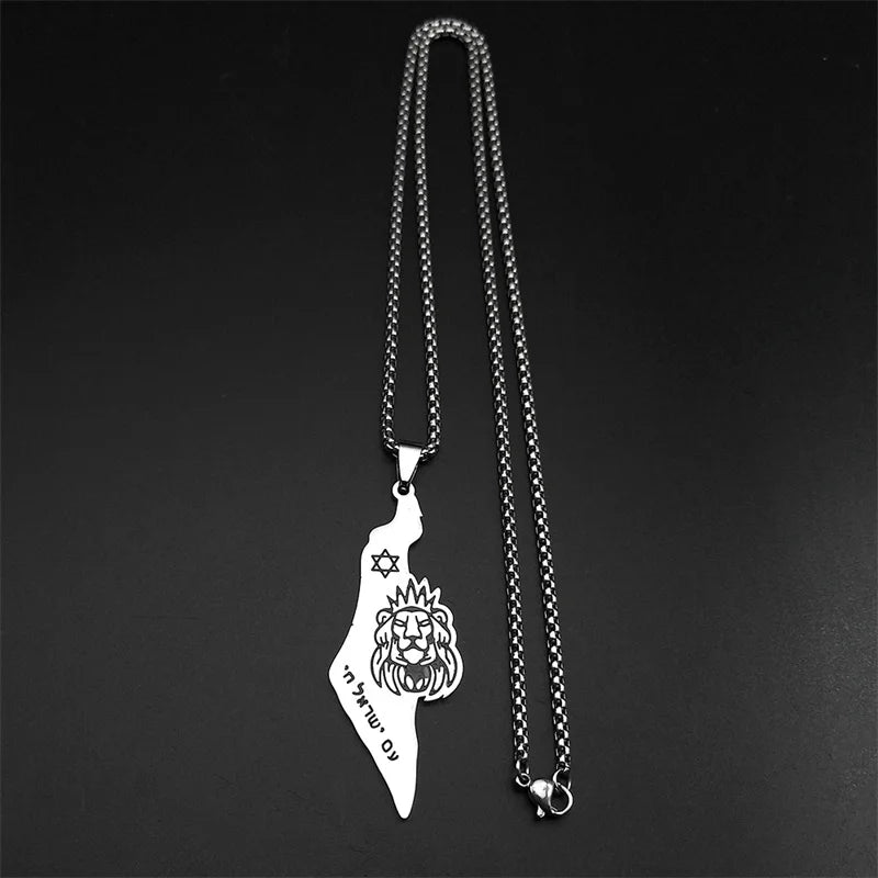 Israel Map Lion of Judah Star of David Pendant Necklace