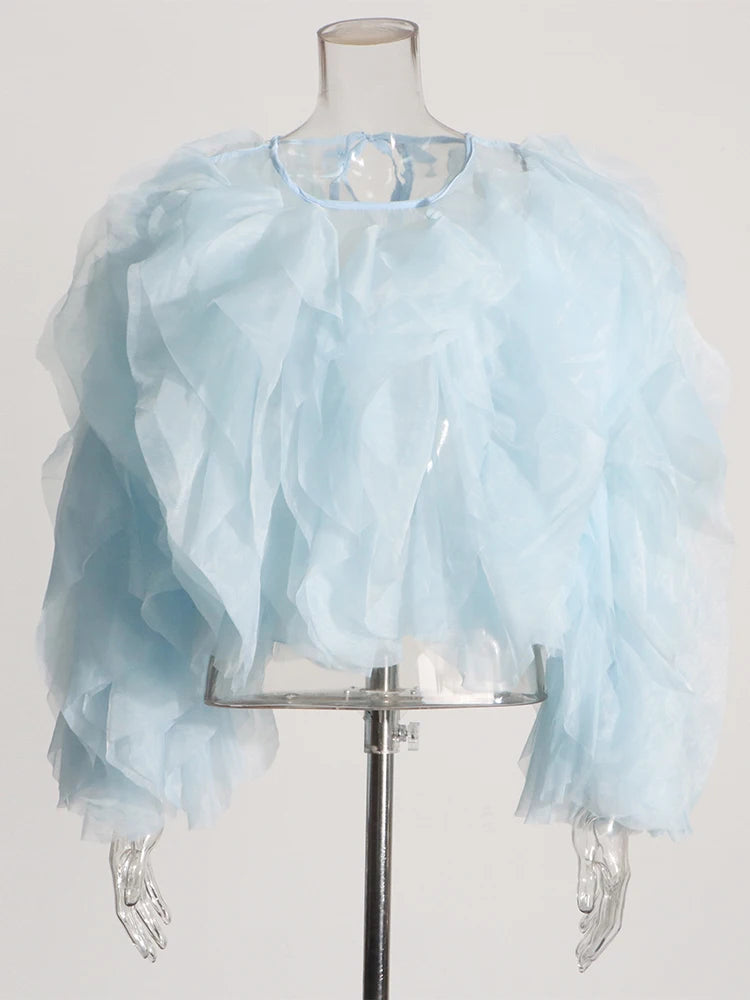 TWOTWINSTYLE Ruffle Chiffon Lantern Sleeve Blouse