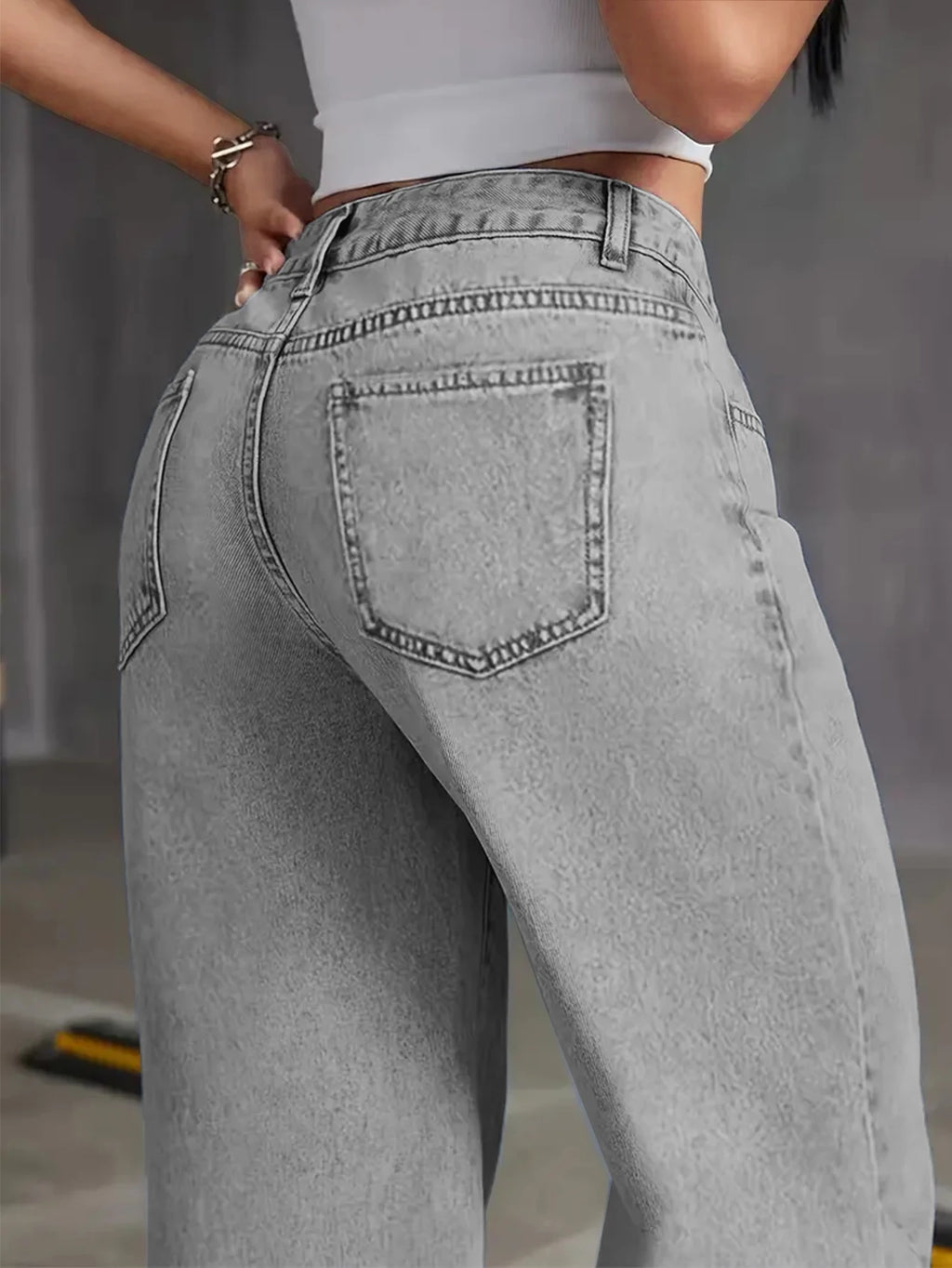 Women's High Waist Light Grey Wide Leg Jeans