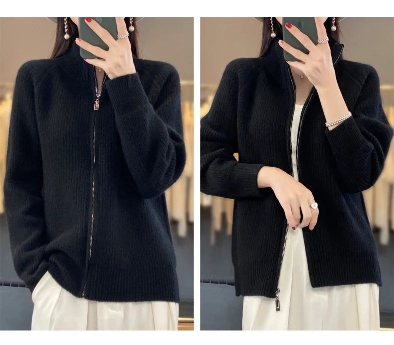 Women's Wool Zip-Up Stand Collar Cardigan