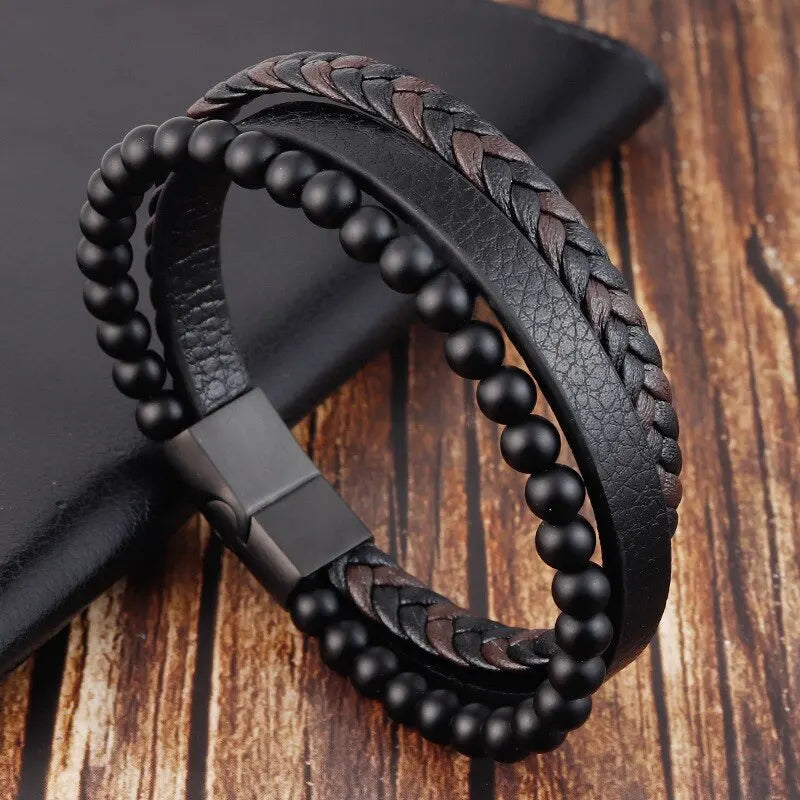 Men's Obsidian Beaded Leather Bracelet