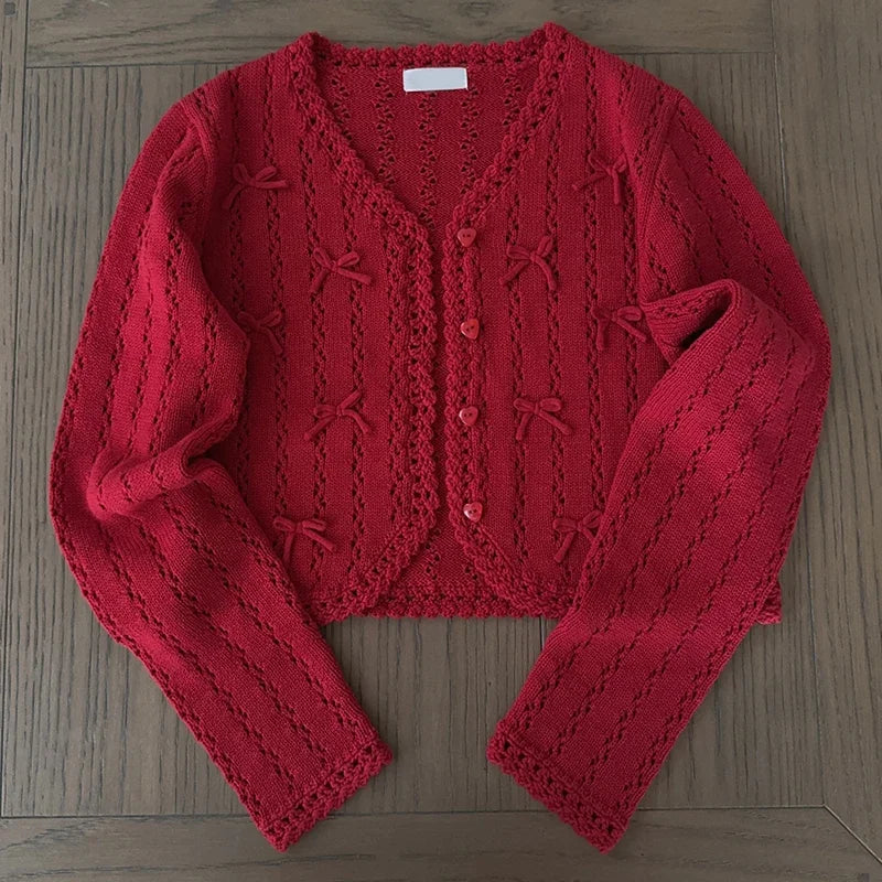 Women's Kawaii Bow Crochet Knit Cardigan