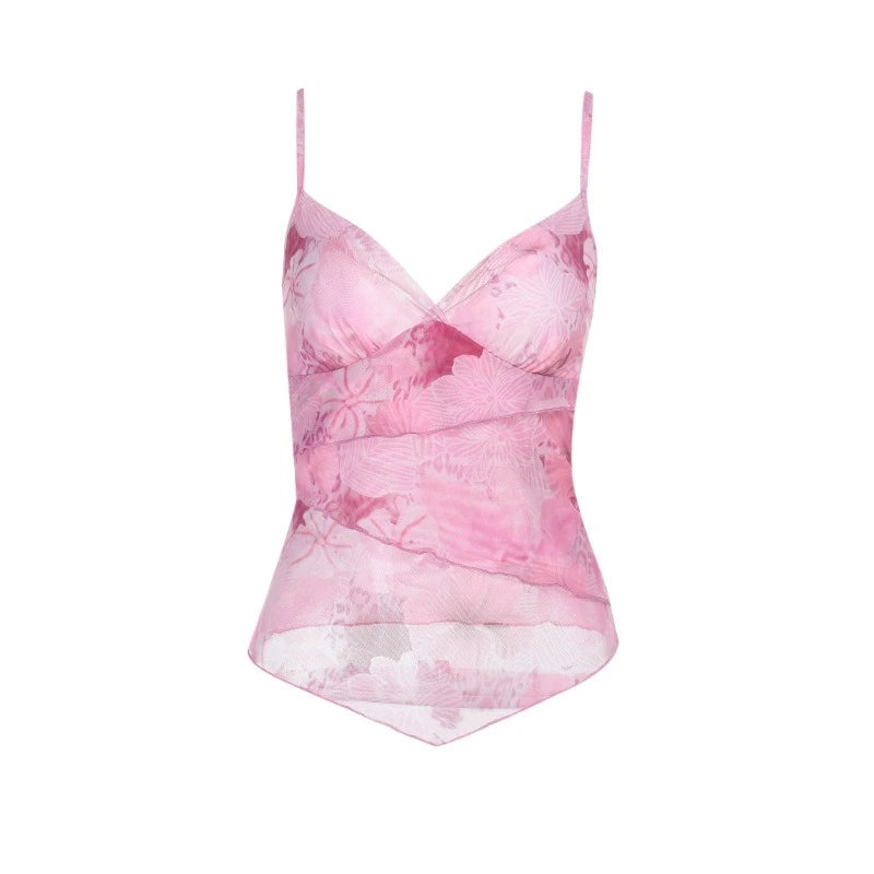 Women's Floral Print Y2K Spaghetti Strap Crop Top – Sexy Chiffon Cami