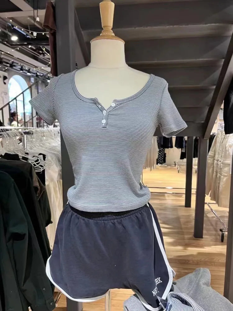 Women's Y2K Striped Button Crop Top