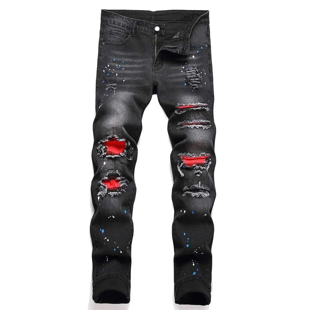 Men's Ripped Patchwork Slim Fit Black Jeans