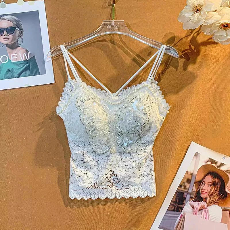 Women's Heavy Beaded Floral Lace Crop Tank Top