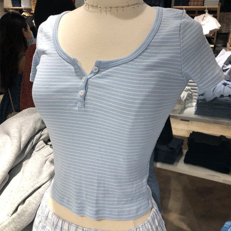 Women's Y2K Striped Button Crop Top