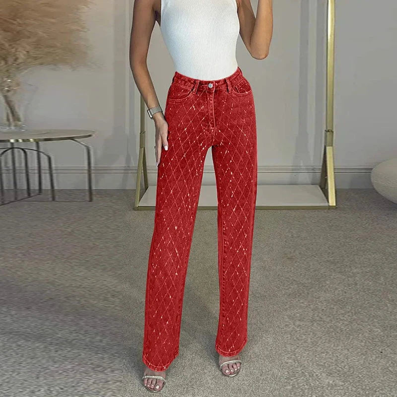 Women's Rhinestone High Rise Straight Jeans