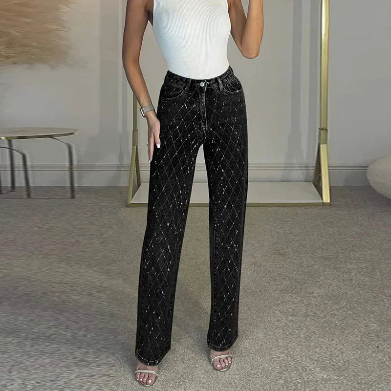 Women's Rhinestone High Rise Straight Jeans