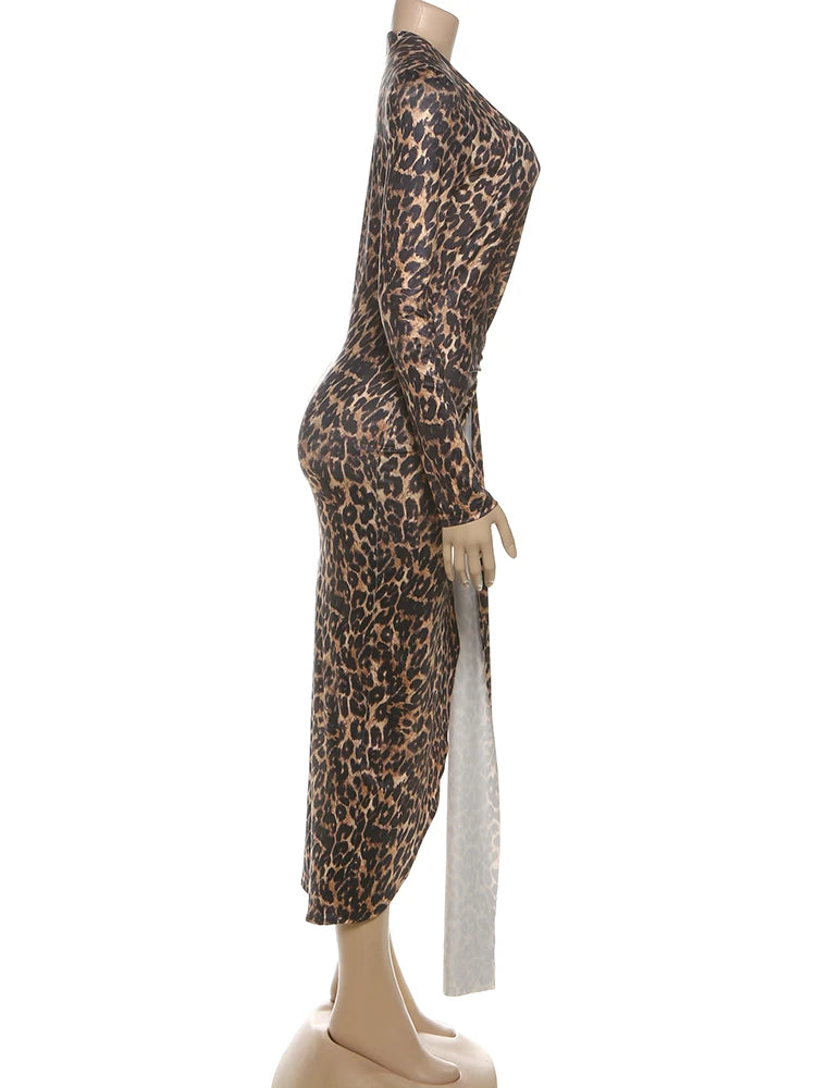 Y2K Leopard Print Deep V Split Dress