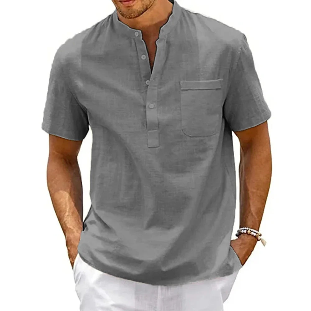 Men's Cotton Linen Henley Pocket Shirt