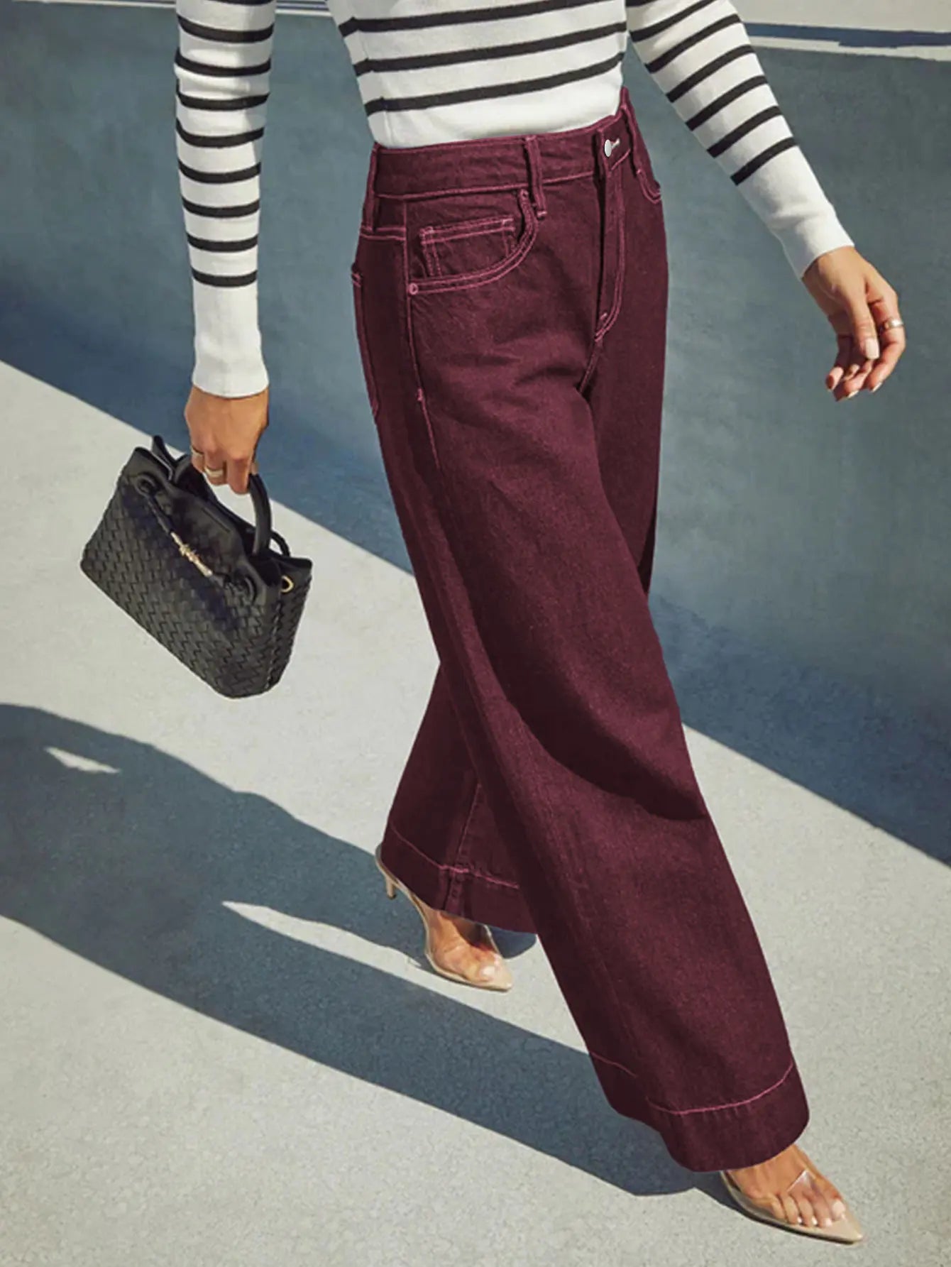 Women's Burgundy High Waist Wide Leg Jeans