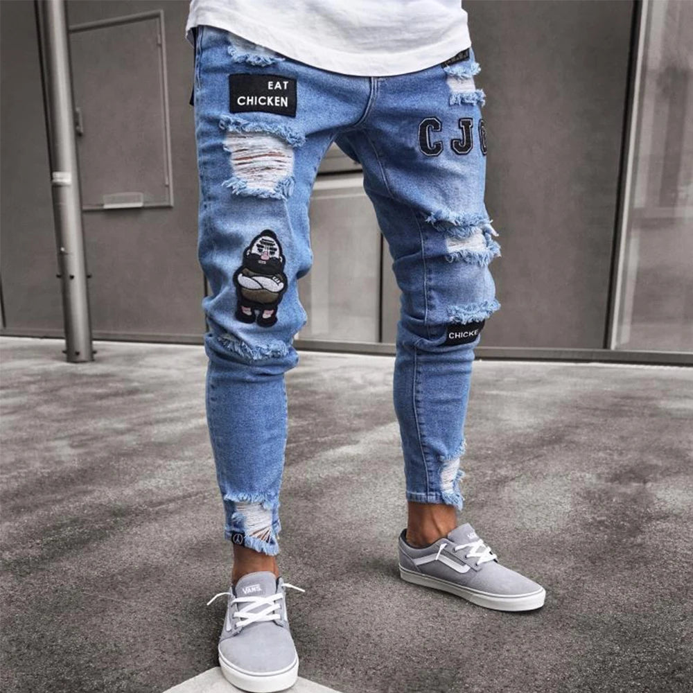 Men's White Embroidered Ripped Slim Fit Jeans