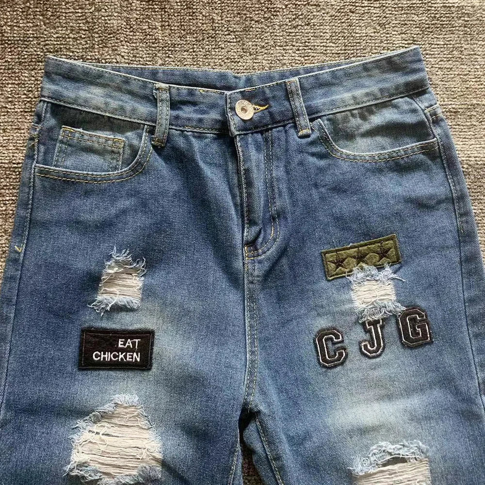 Men's White Embroidered Ripped Slim Fit Jeans