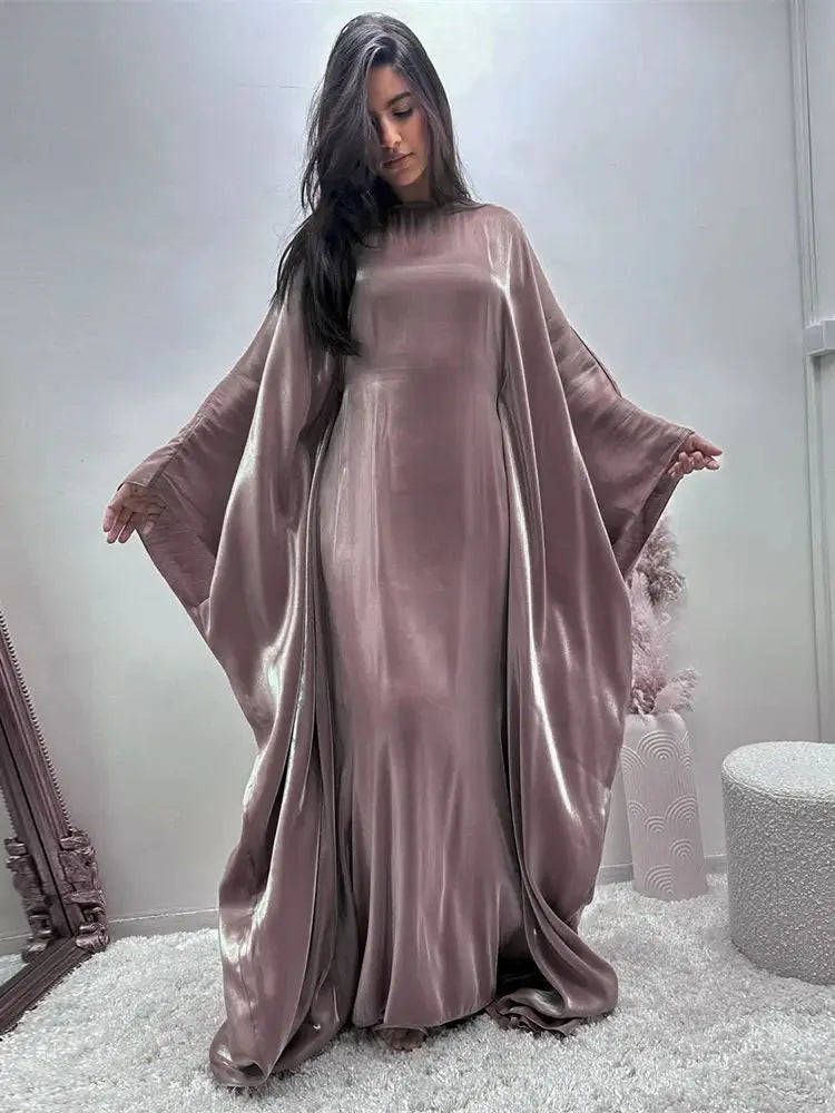 Women's Satin Batwing Sleeve Abaya Maxi Dress