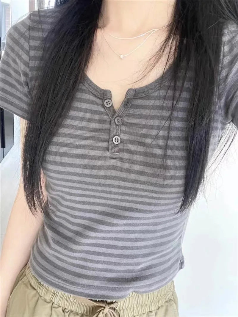Women's Y2K Striped Button Crop Top