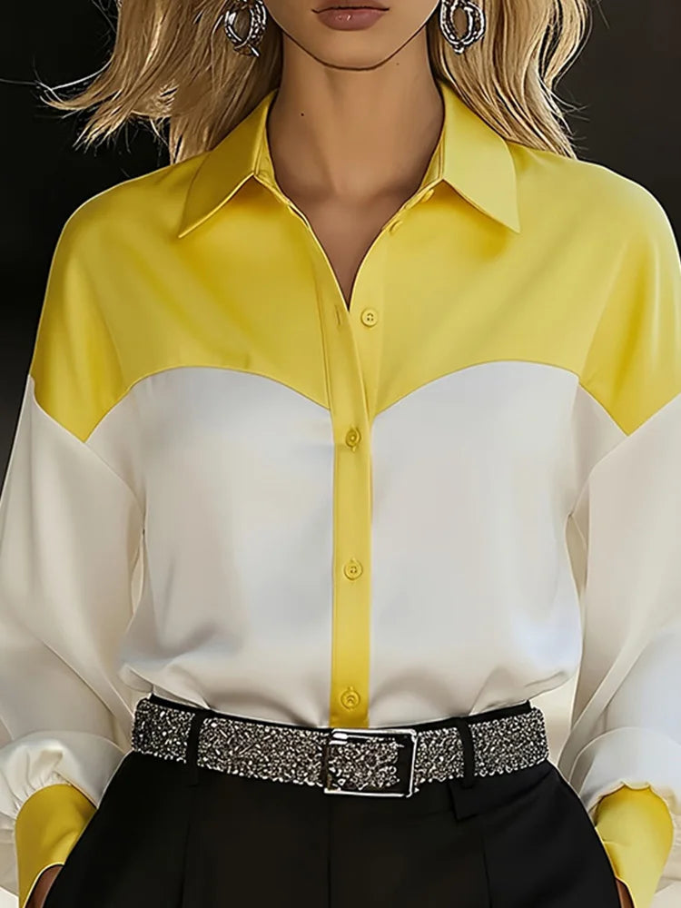 Women's Color Block Button-Up Work Blouse