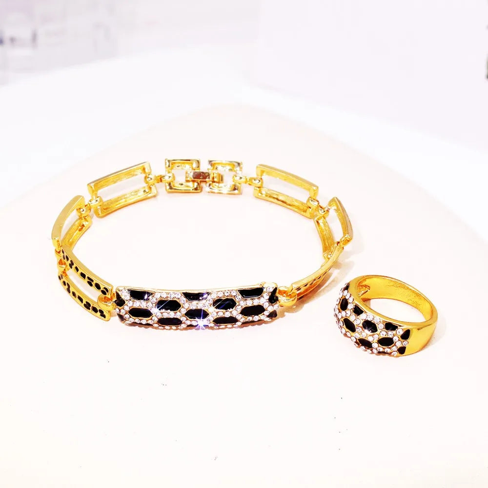 Elegant Black Enamel Jewelry Set with White Zircon – Necklace, Earrings, Bracelet & Ring
