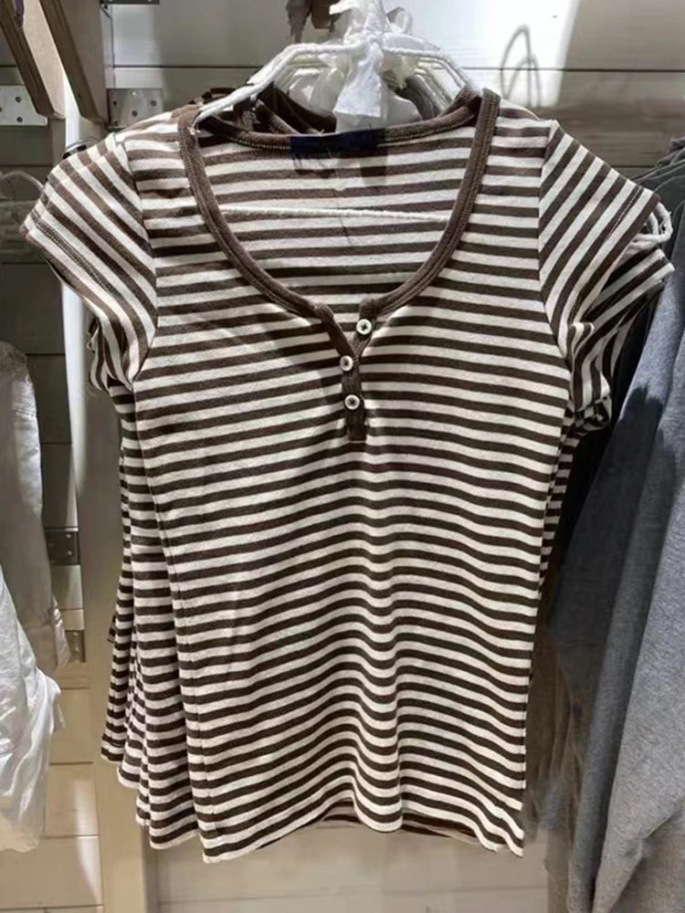 Women's Y2K Striped Button Crop Top