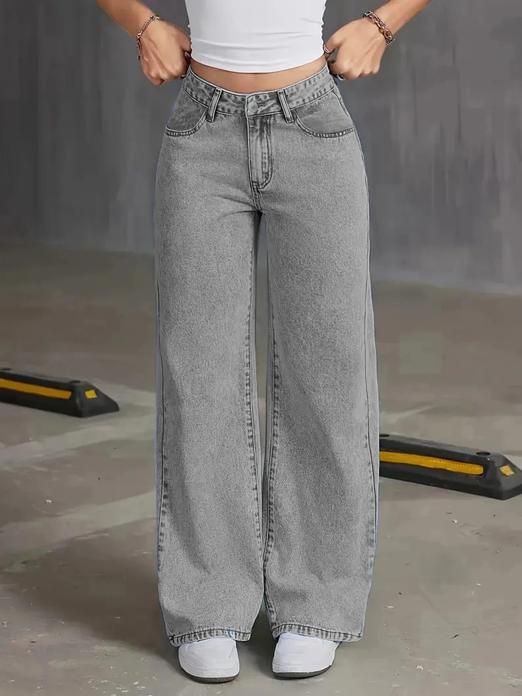 Women's High Waist Light Grey Wide Leg Jeans