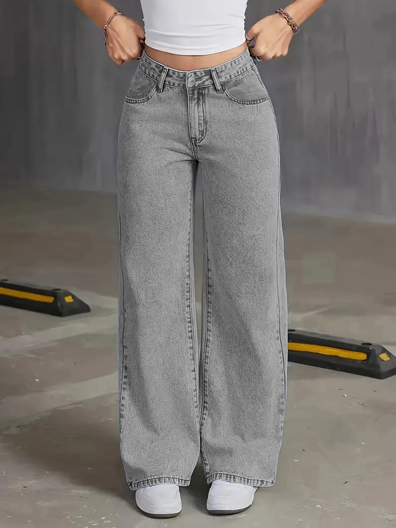 Women's High Waist Light Grey Wide Leg Jeans