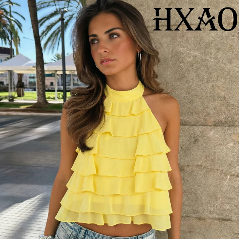 Women's Halter Ruffle Backless Crop Top
