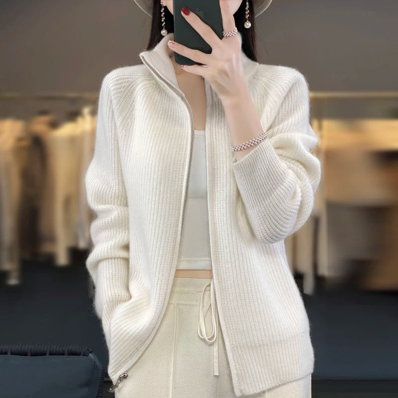Women's Wool Zip-Up Stand Collar Cardigan