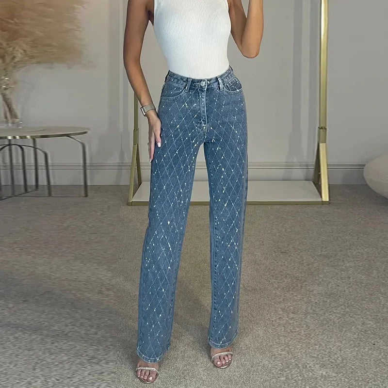 Women's Rhinestone High Rise Straight Jeans