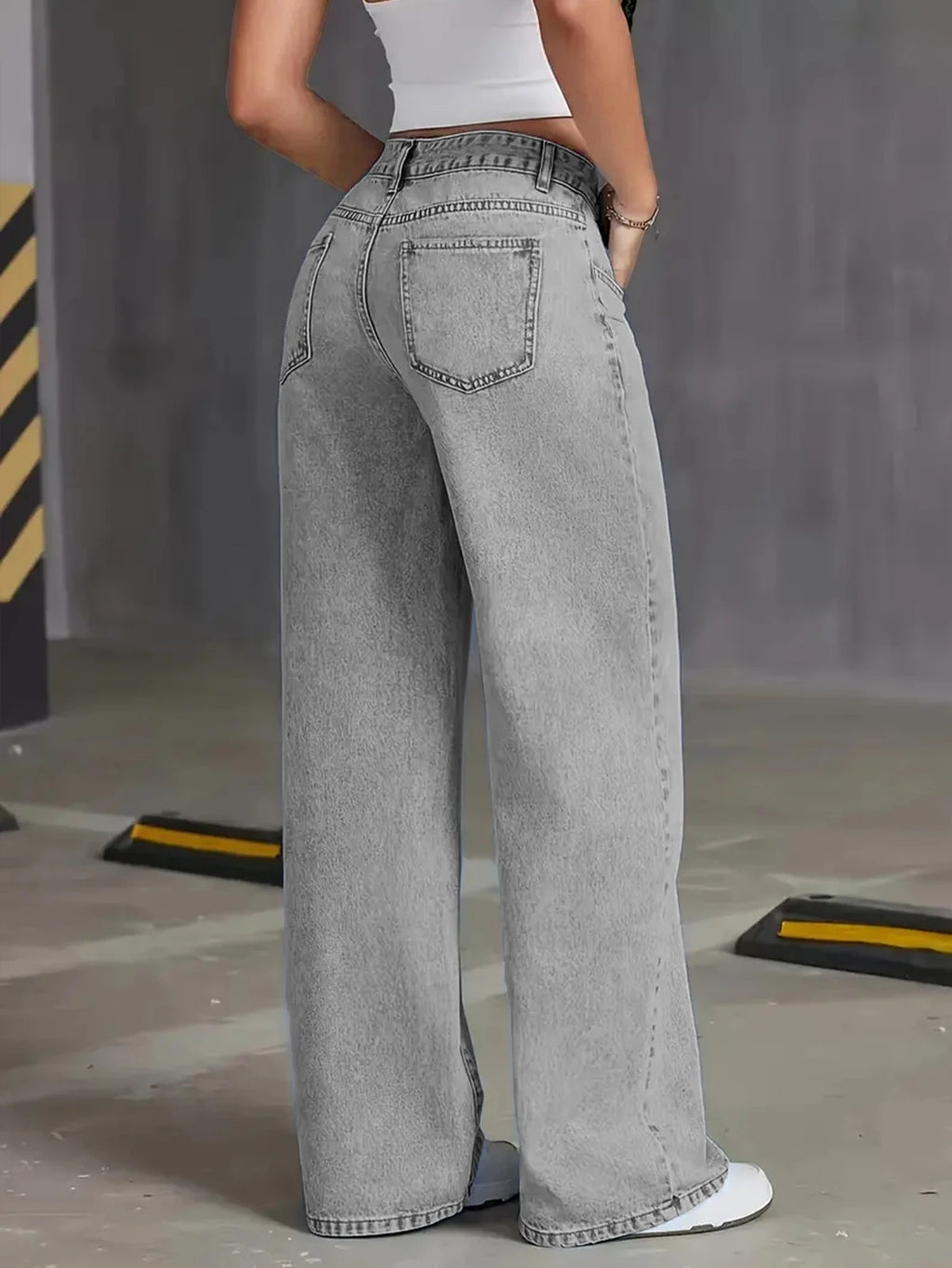 Women's High Waist Light Grey Wide Leg Jeans