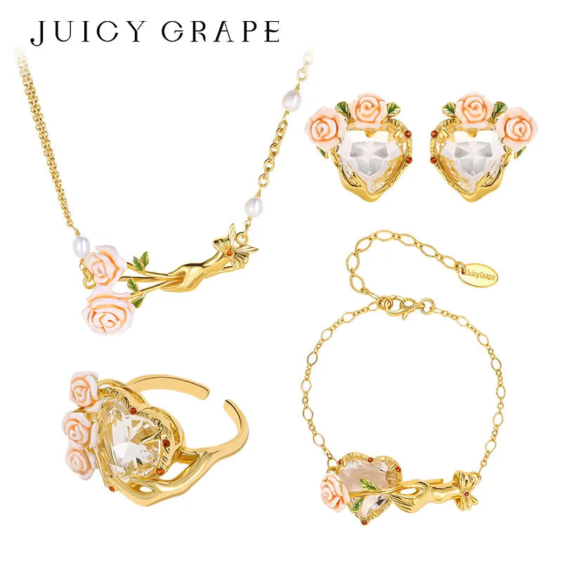 Women's Elegant Enamel Rose Gemstone Jewelry Set