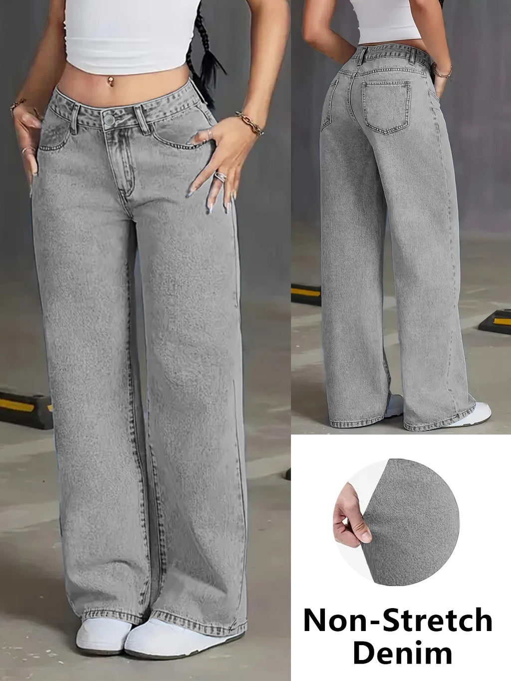 Women's High Waist Light Grey Wide Leg Jeans