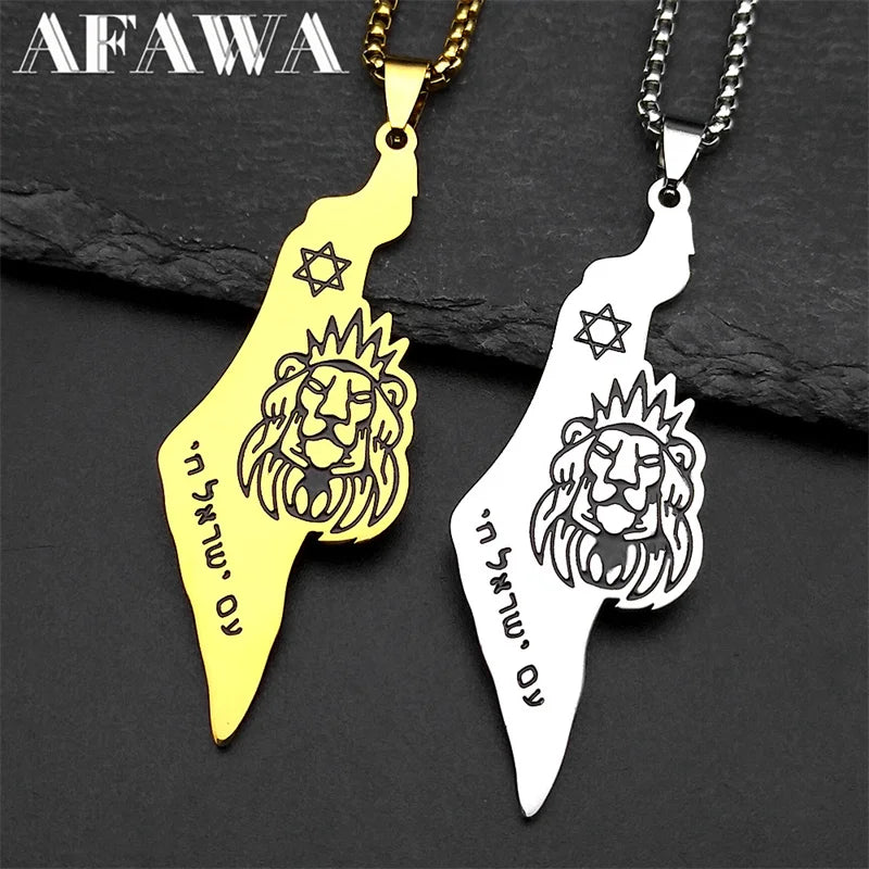 Israel Map Lion of Judah Star of David Pendant Necklace