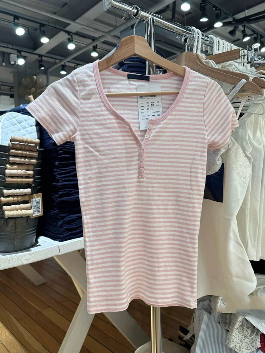 Women's Y2K Striped Button Crop Top