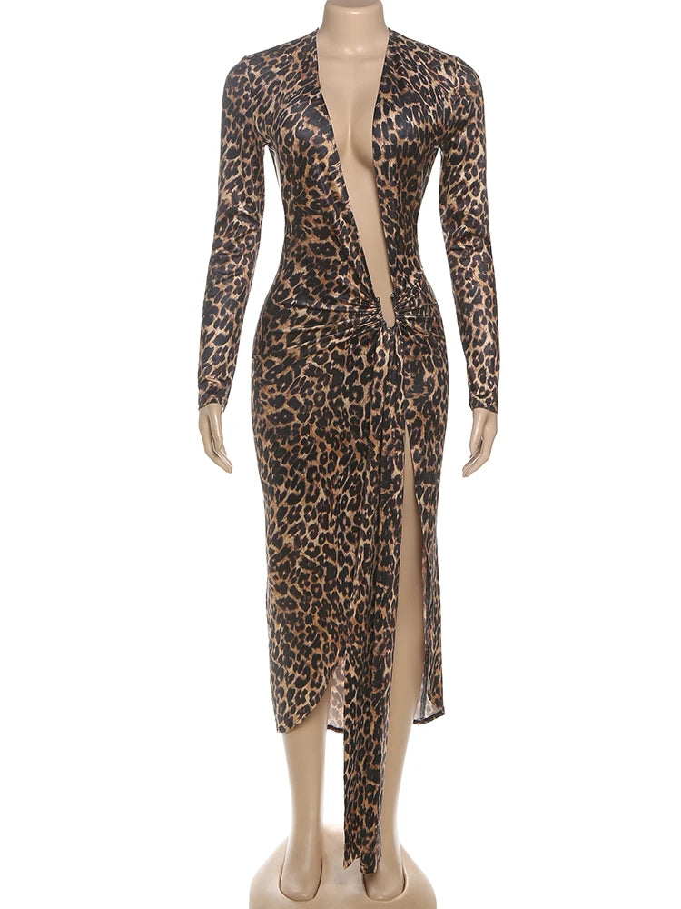 Y2K Leopard Print Deep V Split Dress