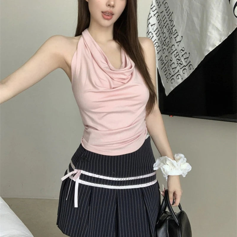 Women's Y2K Backless Halter Swing Collar Crop Top