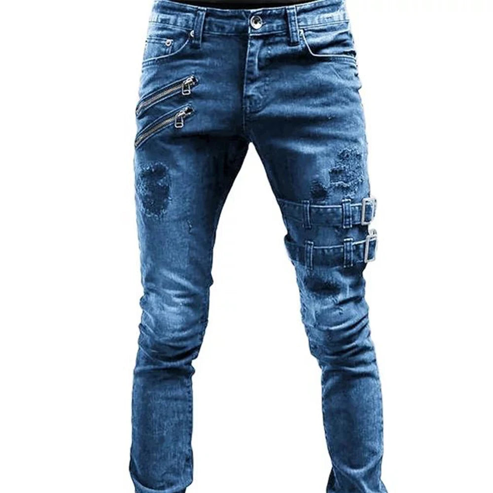 Men's Retro Moto Biker Skinny Denim Cargo Jeans