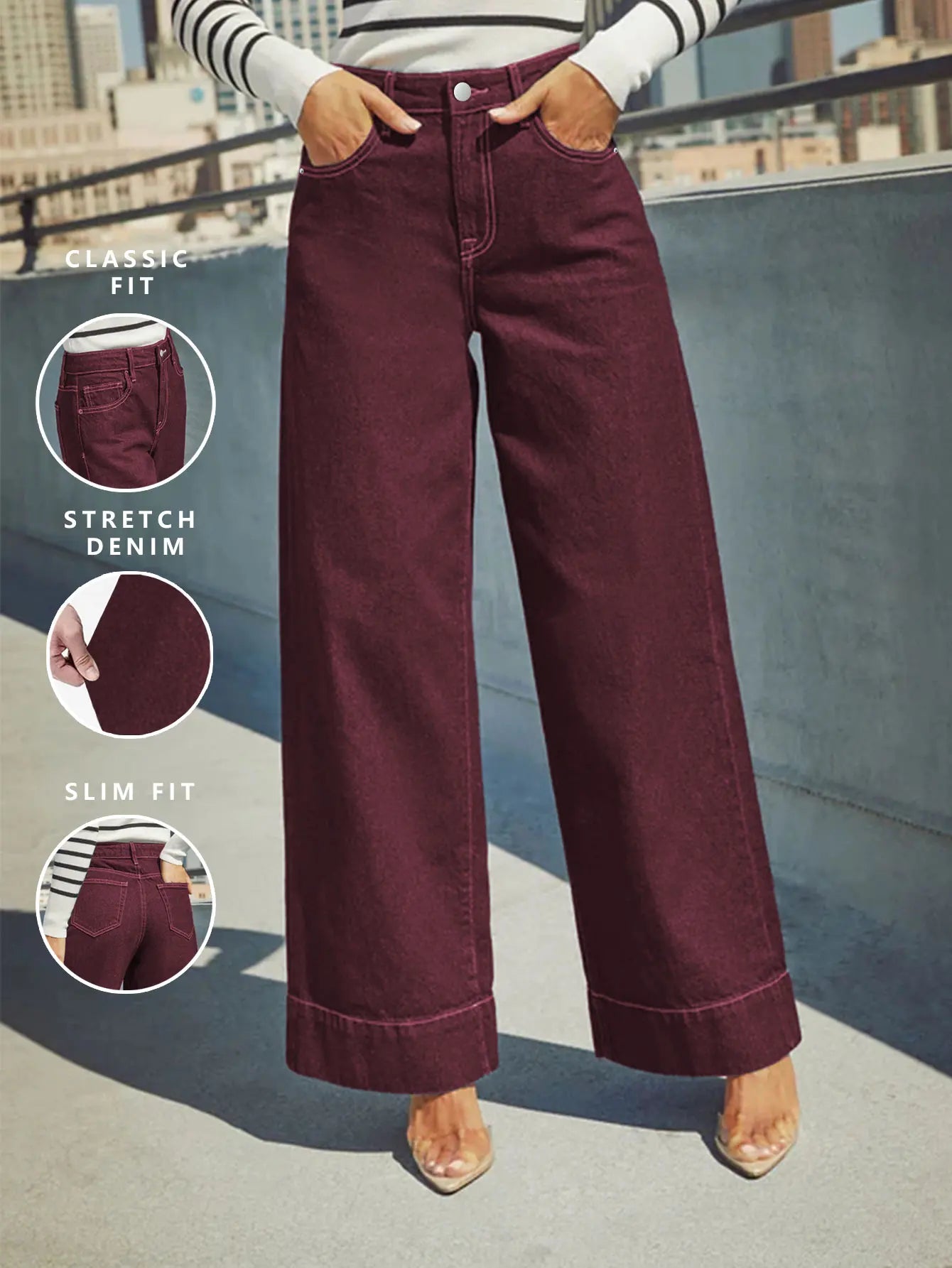 Women's Burgundy High Waist Wide Leg Jeans