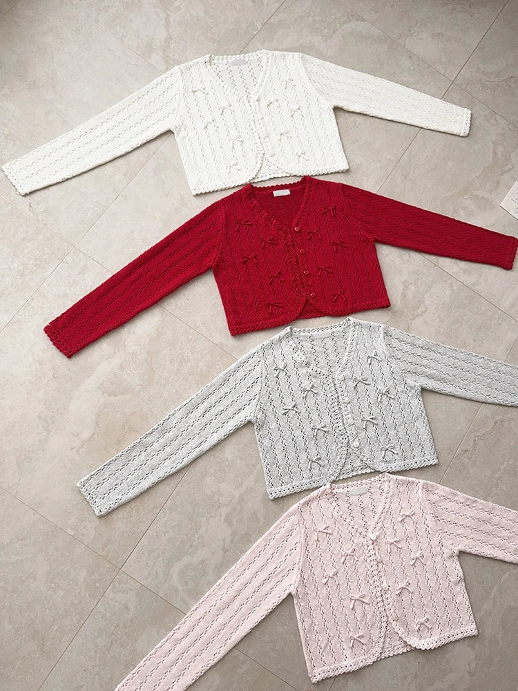 Women's Kawaii Bow Crochet Knit Cardigan