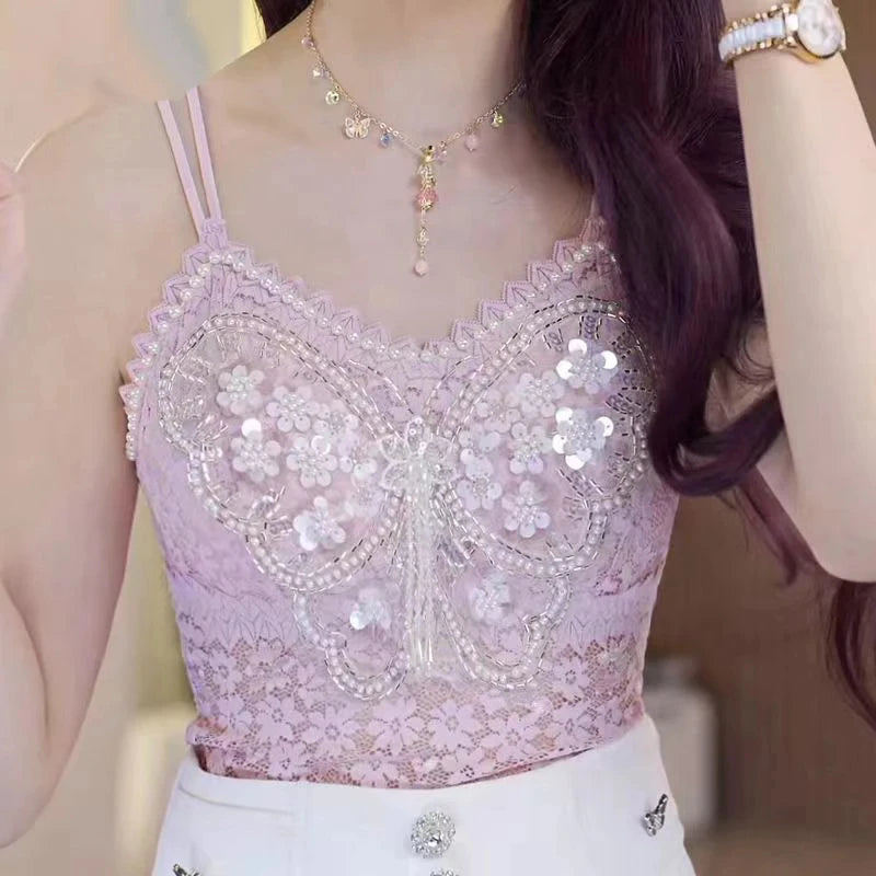 Women's Heavy Beaded Floral Lace Crop Tank Top