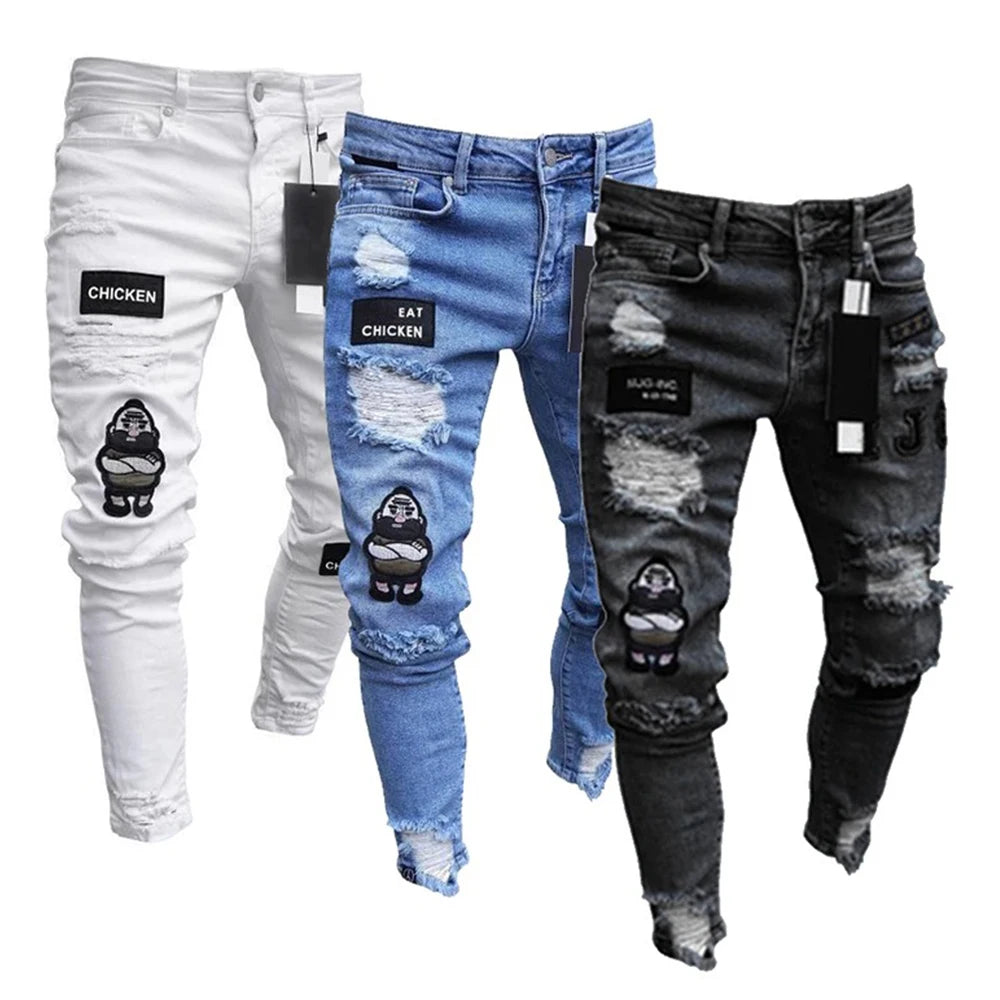 Men's White Embroidered Ripped Slim Fit Jeans