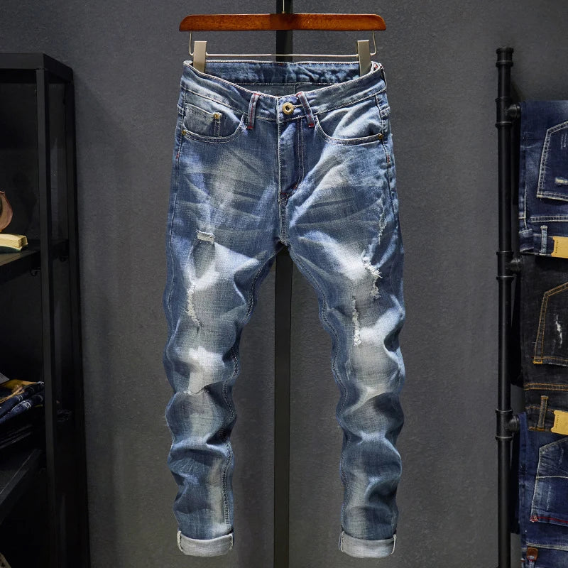 Men’s Slim Fit Light Blue Ripped Stretch Jeans