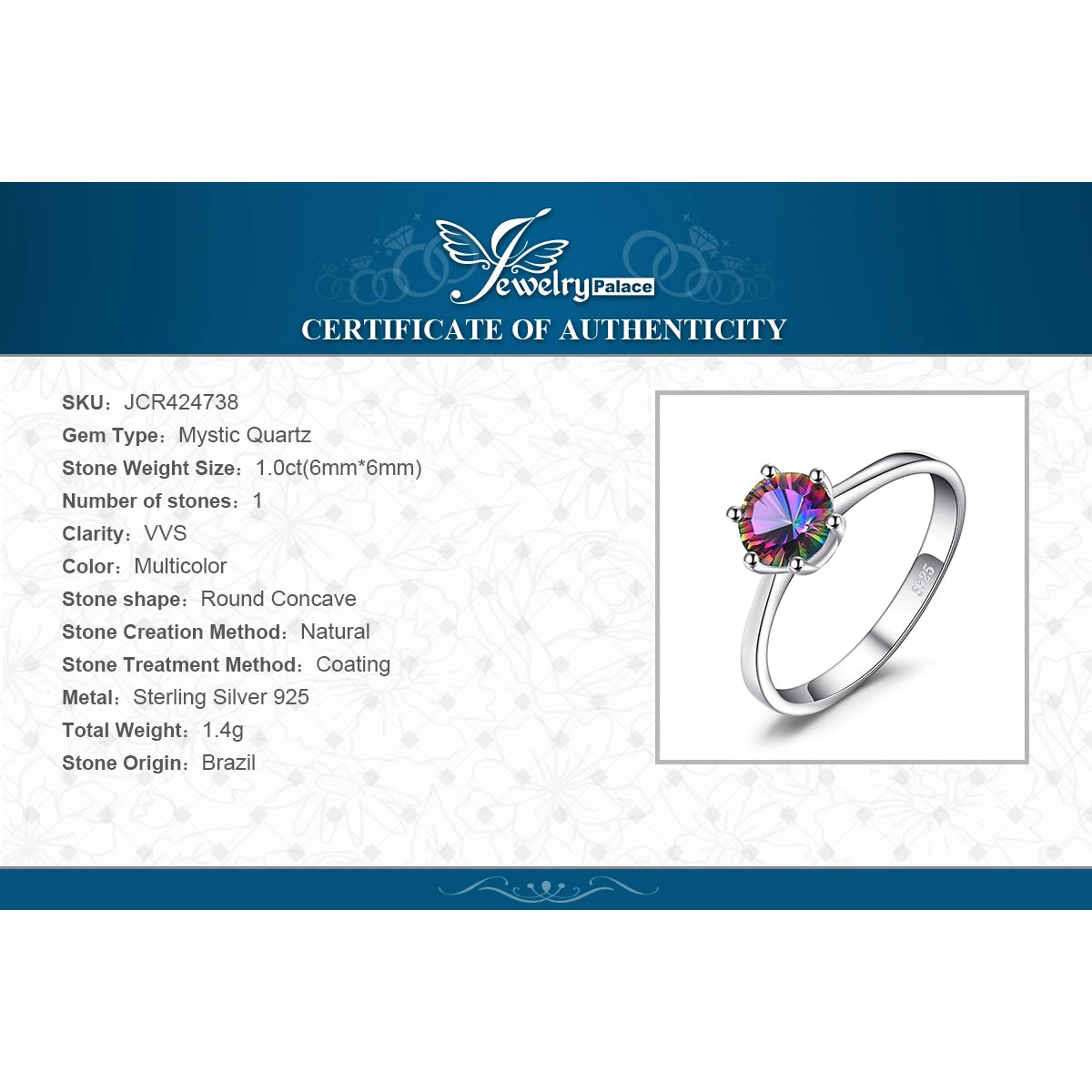 JewelryPalace Rainbow Mystic Quartz 925 Silver Ring